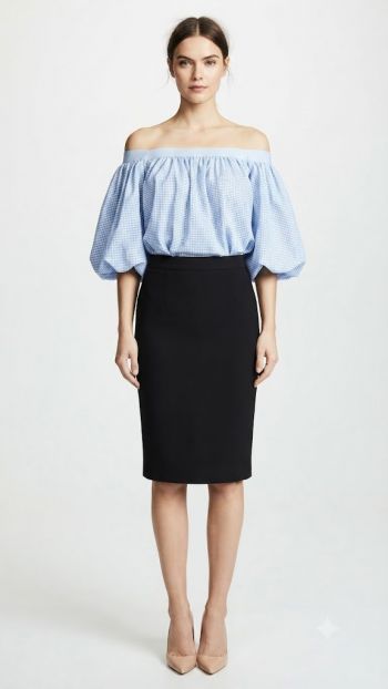 Blue Gingham Puff-Sleeve Off-the-Shoulder Top